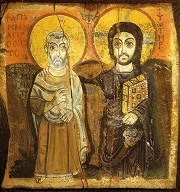 Icône de la fraternité - Le Christ et l'abbé Ména, supérieur du monastère de Baouit VI-VIIè sicèle après J.C. Icône copte conservée au Louvre.